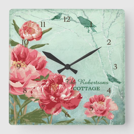 Hübsche Retro Blume Wohngestaltung Chintz Peony n  Quadratische Wanduhr (Vorderseite)