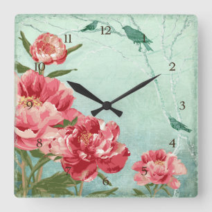 Hübsche Retro Blume Wohngestaltung Chintz Peony n  Quadratische Wanduhr