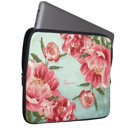Hübsche Retro Blumen-Chintz-Pfingstrosen Laptopschutzhülle (Vorne Rechts)