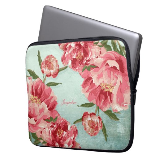 Hübsche Retro Blumen-Chintz-Pfingstrosen Laptopschutzhülle (Vorderseite Links)
