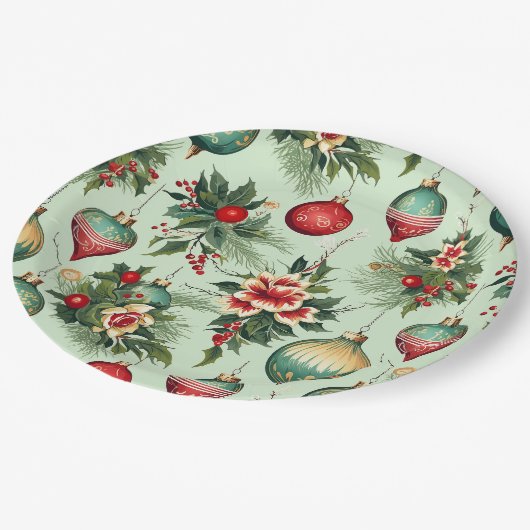 Hübsche Retro-Feiertage, Blumenweihnachtsfeiern Pappteller (Schrägansicht)