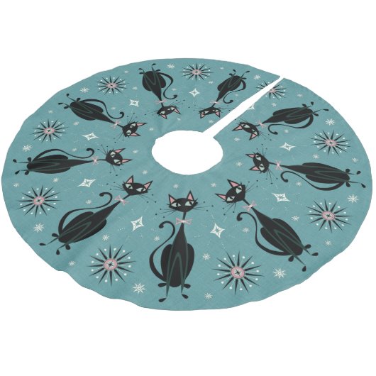 Hübsche Retro Kitty auf Cadet Blue Polyester Weihnachtsbaumdecke (Schrägansicht)
