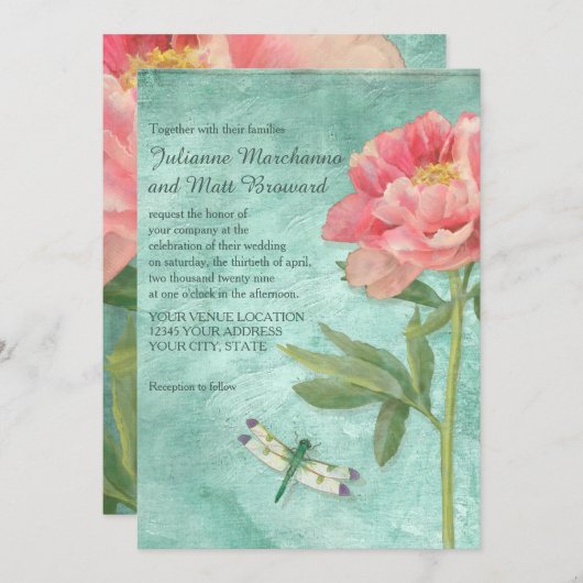 Hübsche Retro Peony-Blume in Dragonfly Einladung (Vorne/Hinten)