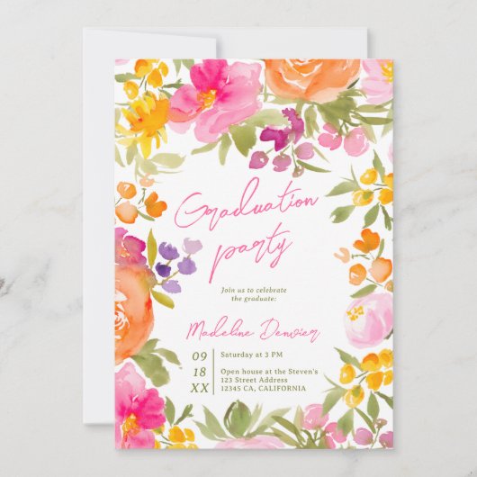 Hübsche romantische rosa Blumen 3 Fotos Abschluss Einladung (Vorderseite)