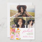 Hübsche romantische rosa Blumen 3 Fotos Abschluss Einladung (Rückseite)