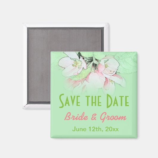 hübsche, rosa Apfelbäume, Save the Date grün Magnet (Vorderseite/Rückseite)