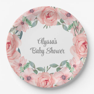 Hübsche rosa Aquarell-Blumen-Baby-Mädchen-Party Pappteller