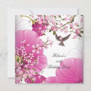 Hübsche rosa asiatische Blüten-Vogel-Geburtstagsfe Einladung