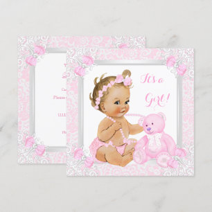 Hübsche rosa Babyparty Mädchen Spitze Bär Blond Ba Einladung