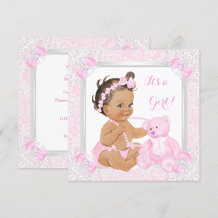 Hübsche rosa Babyparty Mädchen Spitze Bär Brünette Einladung