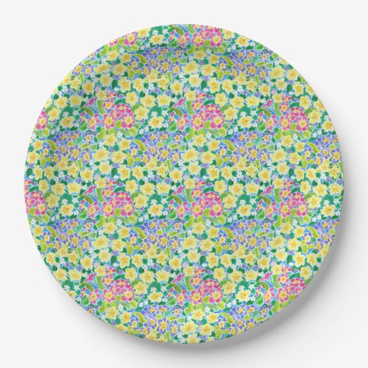 Hübsche rosa, blau, gelbe Primrosen Papiere Teller (Vorderseite)