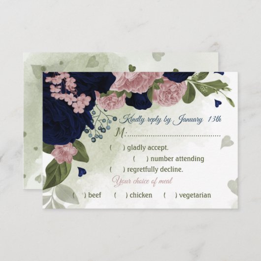 hübsche rosa blaue Blumen Grüne Speisekarte RSVP Karte (Vorne/Hinten)