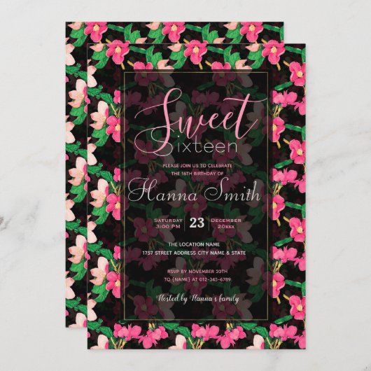 Hübsche rosa Blossom-Blume Paint Black Design Einladung (Vorne/Hinten)