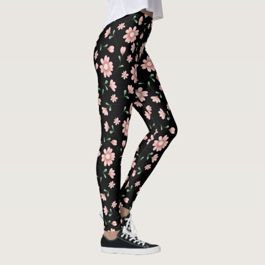 Hübsche rosa Blume auf schwarz Leggings (Rechts)