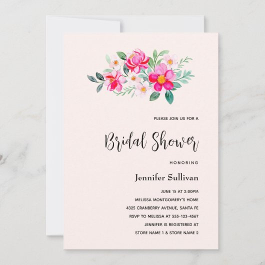 Hübsche rosa Blume Bouquet Brautparty Einladung (Vorderseite)