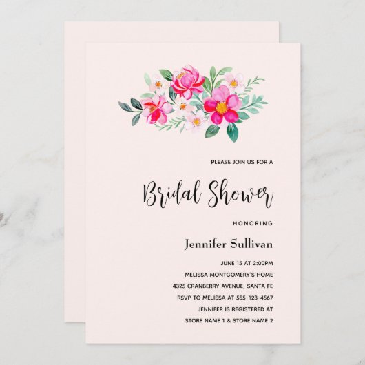 Hübsche rosa Blume Bouquet Brautparty Einladung (Vorne/Hinten)