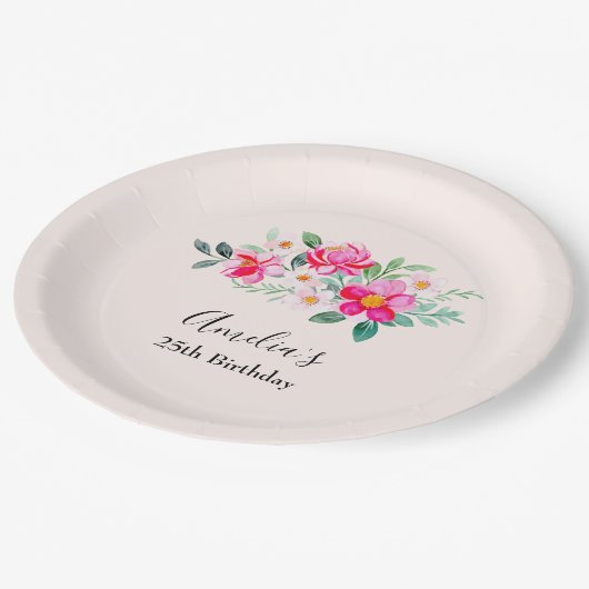 Hübsche rosa Blume Bouquet Geburtstag Pappteller (Schrägansicht)