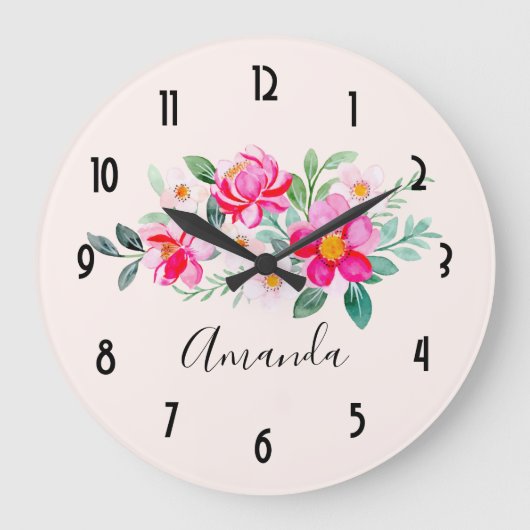 Hübsche rosa Blume Bouquet Große Wanduhr (Vorderseite)