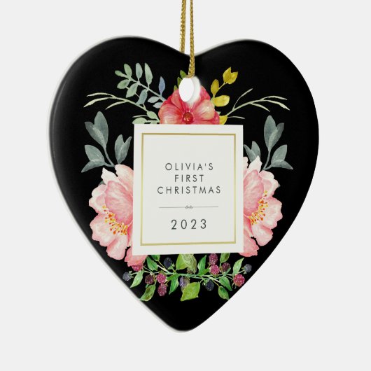 Hübsche rosa Blume Kindermädchen Erste Weihnachten Keramikornament (Rechts)