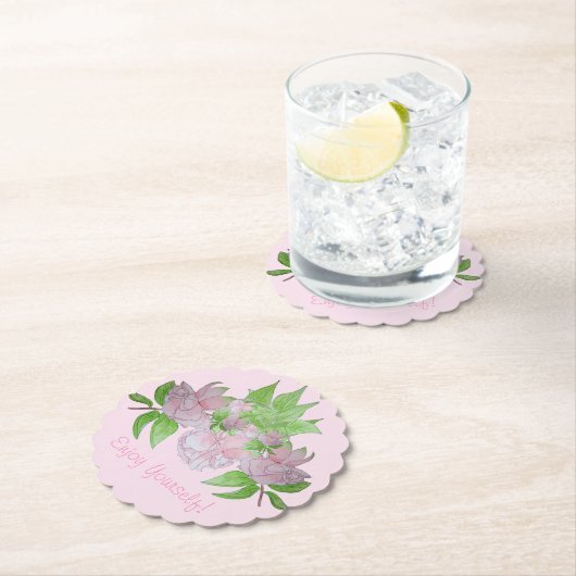 hübsche rosa Blume mit floralen Blättern Untersetzer (Vor Ort)