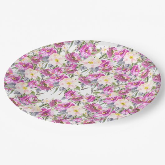 Hübsche rosa Blume Pappteller (Schrägansicht)