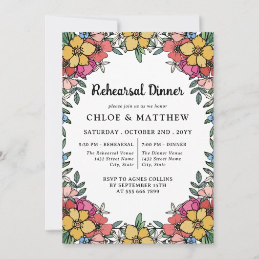 Hübsche rosa Blume Probe Abendessen Einladung (Vorderseite)