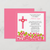 Hübsche Rosa Blume und Kreuz Erste Heilige Kommune Einladung (Vorne/Hinten)