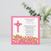 Hübsche Rosa Blume und Kreuz Erste Heilige Kommune Einladung (Stehend Vorderseite)