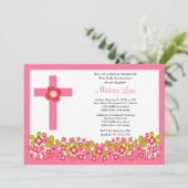 Hübsche Rosa Blume und Kreuz Erste Heilige Kommune Einladung (Stehend Vorderseite)
