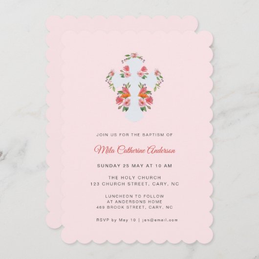 Hübsche rosa Blume und Kreuztaufen Einladung (Vorne/Hinten)