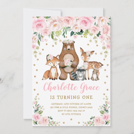 Hübsche Rosa Blume Woodland Tiere Mädchen Geburtst Einladung (Vorderseite)