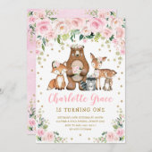 Hübsche Rosa Blume Woodland Tiere Mädchen Geburtst Einladung (Vorne/Hinten)
