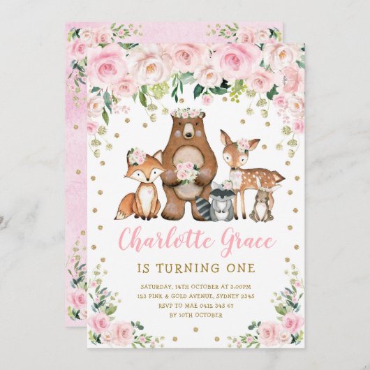 Hübsche Rosa Blume Woodland Tiere Mädchen Geburtst Einladung (Vorne/Hinten)