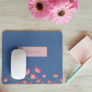 Hübsche rosa Blumen auf blauem Aquarell-Mauspad Mousepad
