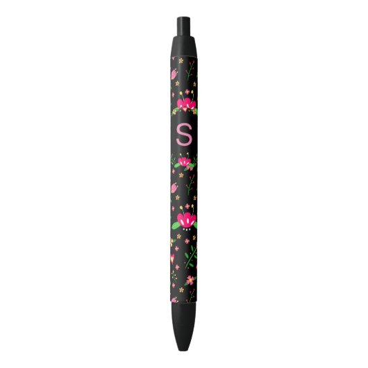 Hübsche rosa Blumen auf schwarzem Monogramm Kugelschreiber (Vorderseite Vertikal)