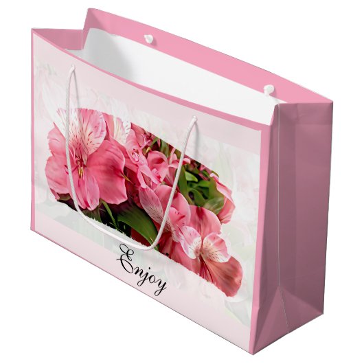 Hübsche rosa Blumen-Geschenktasche Große Geschenktüte (Vorderseite Schrägansicht)