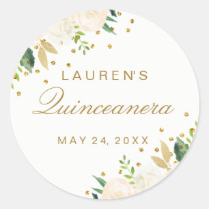 Hübsche rosa Blumen Gold Glitter Quinceanera Runder Aufkleber