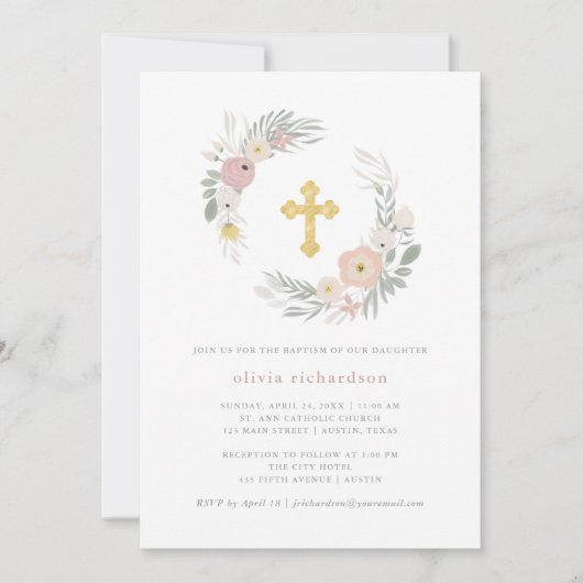Hübsche rosa Blumentaufe des wreath-| Einladung (Vorderseite)