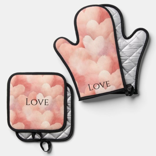 Hübsche Rosa Blush Liebe Ofenhandschuh & Topflappen-Set (Vorderseite/Rückseite)