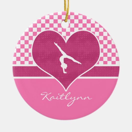 Hübsche rosa Checkered Gymnastik mit Monogramm Keramikornament (Vorne)