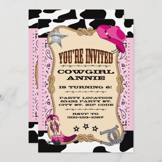 Hübsche rosa Cowgirl-Geburtstags-Party Einladungen (Vorne/Hinten)