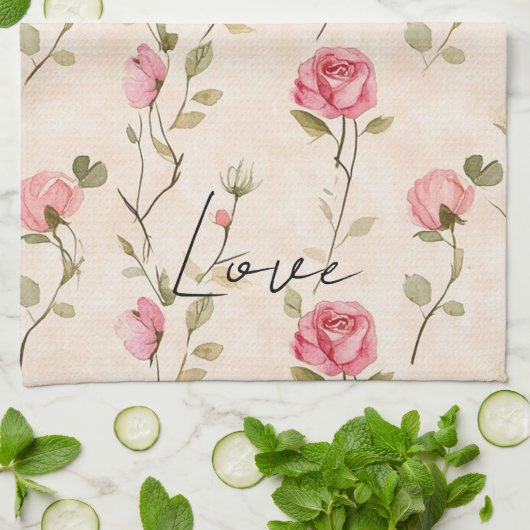 Hübsche rosa cremefarbene Rosen Blumen Geschirrtuch (Gefaltet)