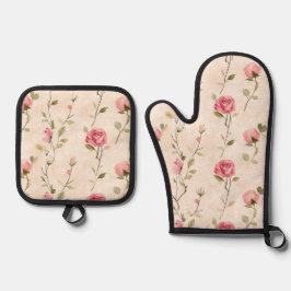 Hübsche rosa cremefarbene Rosen Blumen Ofenhandschuh & Topflappen-Set
