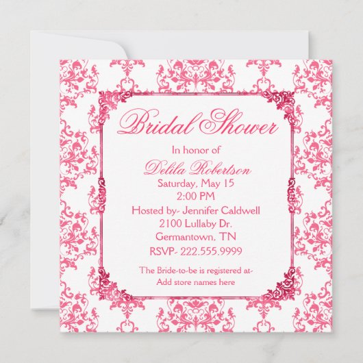 Hübsche Rosa Damask Braun-Dusche Einladung (Vorderseite)