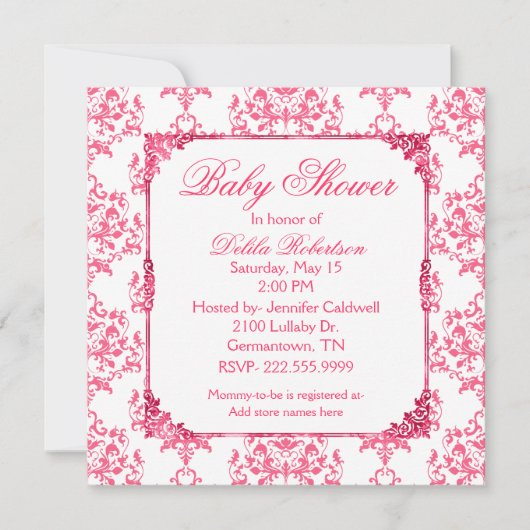 Hübsche Rosa Damask Kinderdusche Einladung (Vorderseite)