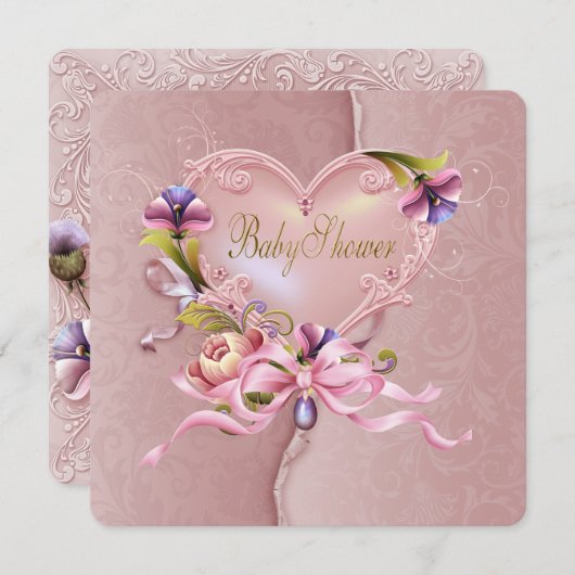Hübsche Rosa Damaske Herzkinderdusche Einladung (Vorne/Hinten)