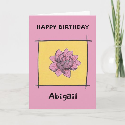 Hübsche rosa Doodle-Blume auf gelb, personalisiert Karte (Vorderseite)