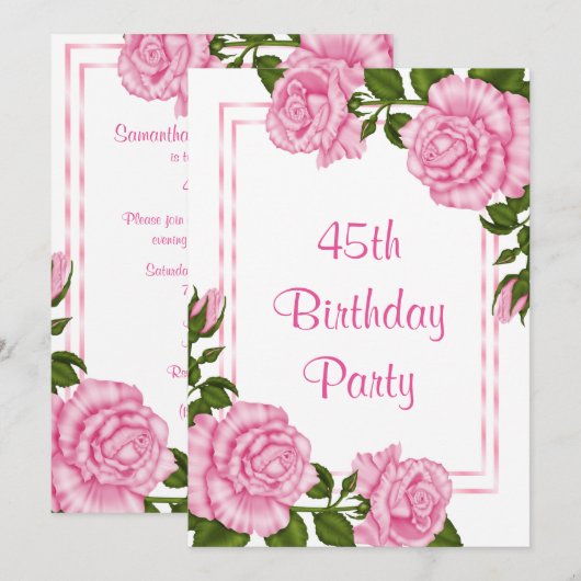 Hübsche rosa Eckblumenstrauß-45. Geburtstag Einladung (Vorne/Hinten)