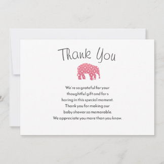 Hübsche rosa Elefanten-Baby-Shower-Dankeskarte Einladung