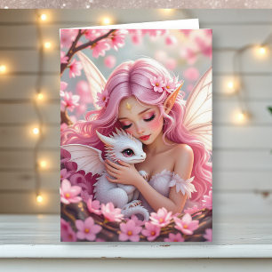 Hübsche rosa Elfenfee & Drache Ich denke an Dich Karte